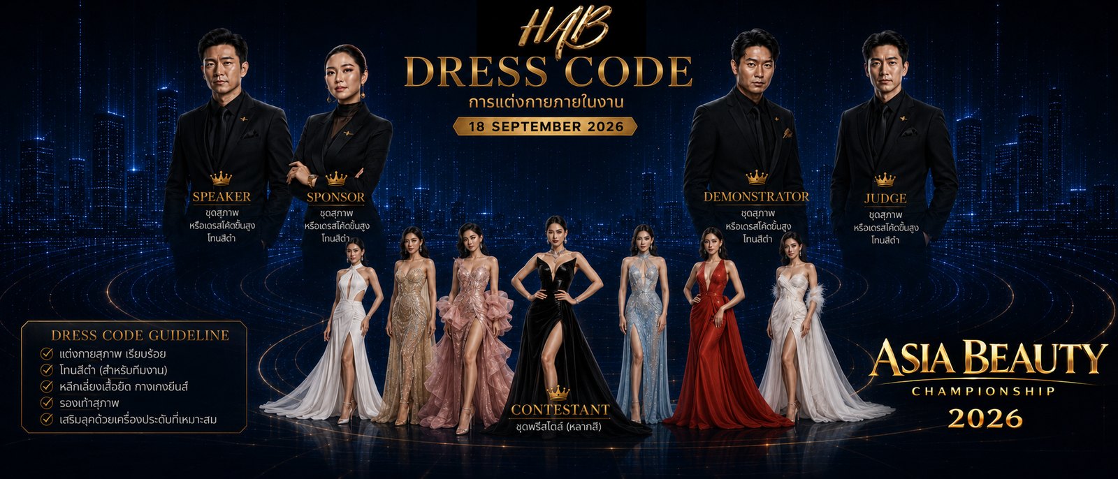 HAB Asia Beauty Championship 2026 — dress code for 18 September 2026: speaker, sponsor, demonstrator, judge and contestant