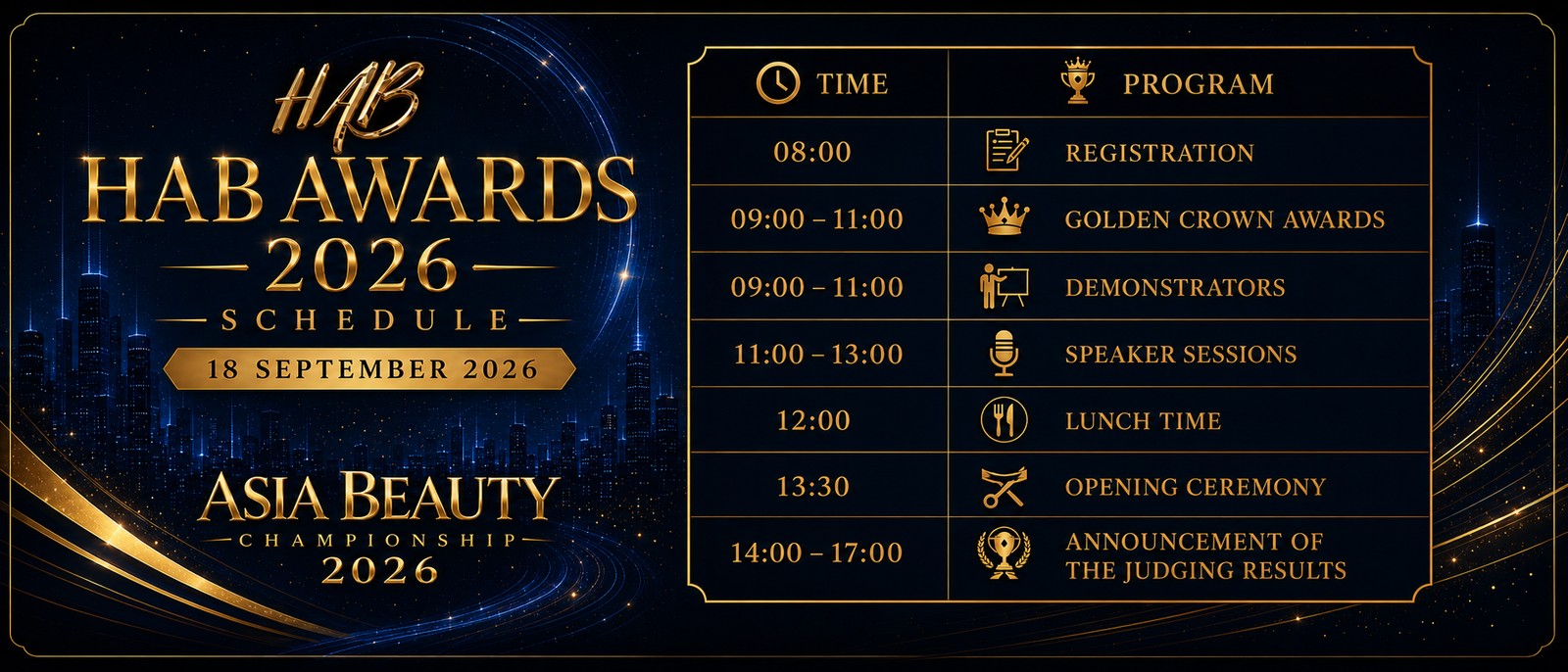 HAB Asia Beauty Championship 2026 — Event Schedule, 18 September 2026